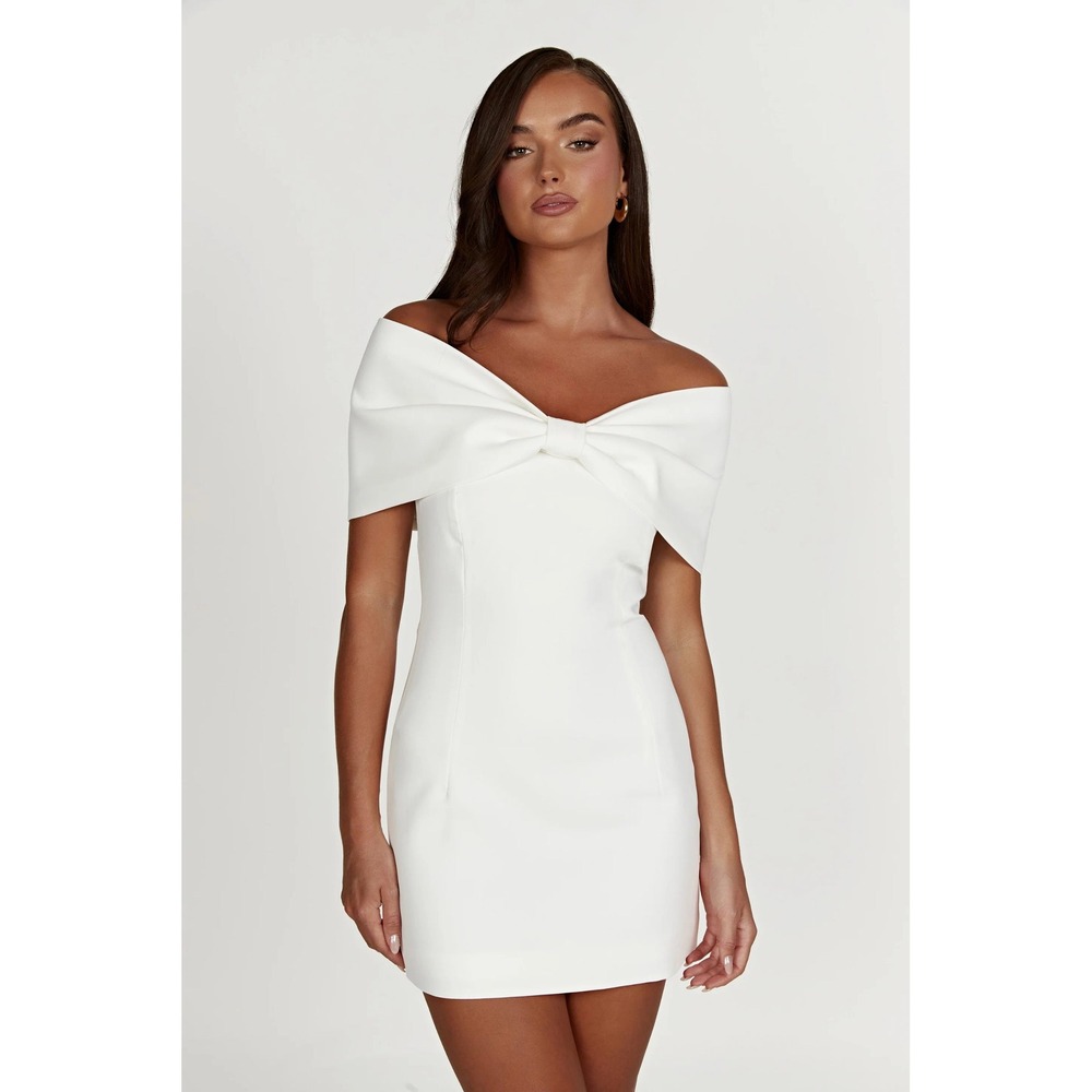 MESHKI Gwyneth Off Shoulder Bow Mini Dress White Small New With Tags